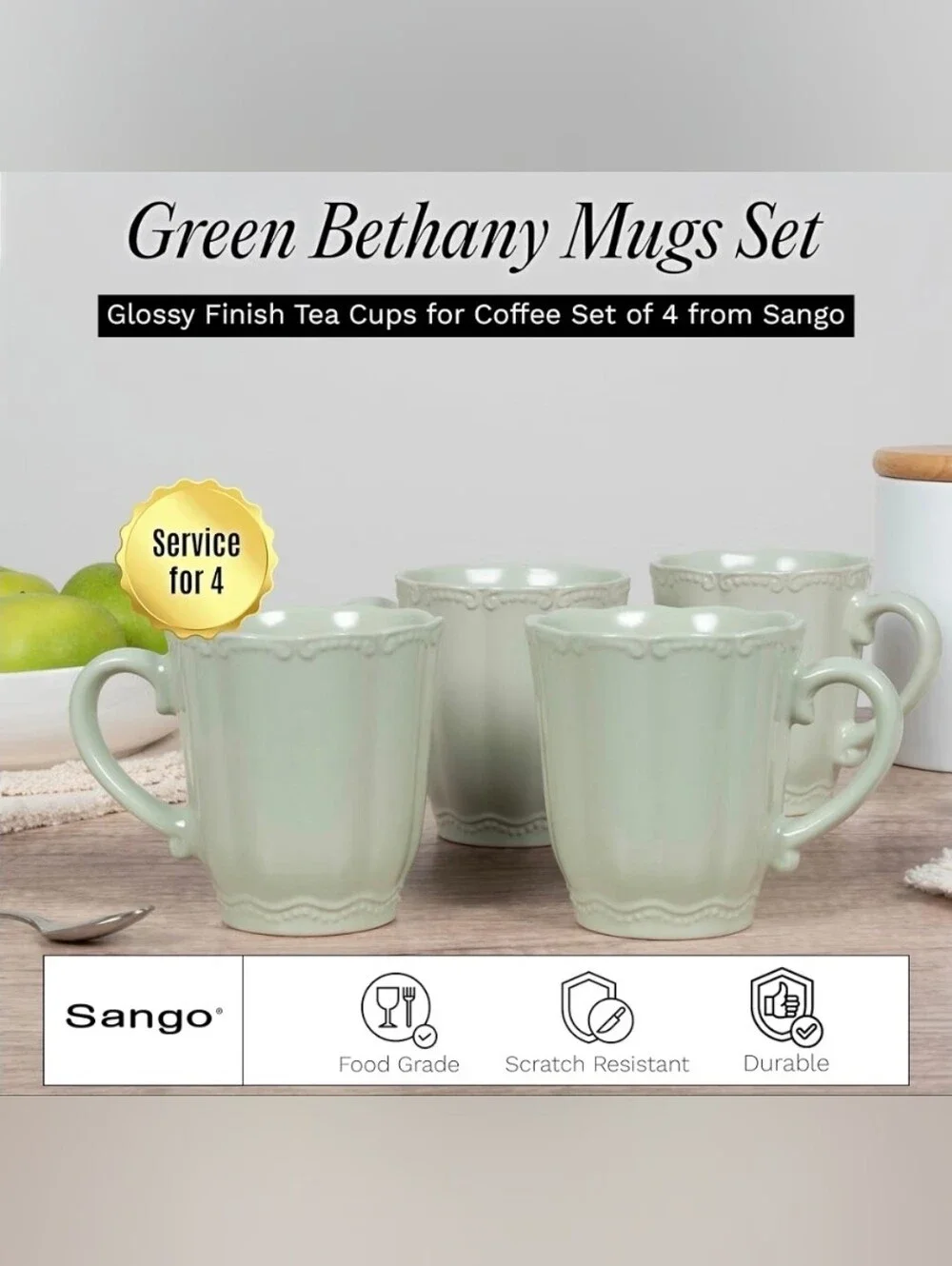 Vibrant Ceramic Set of 4 Bethany Sage Green Coffee Mugs | 15 oz | NEW IN BOX |